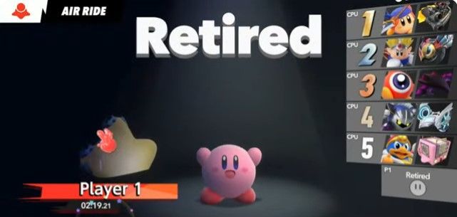 Kirby waving his arms happily while the word Retired floats overhead