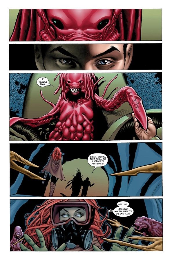 Namor and the sea creature lock eyes. Namor takes her hand and is ushered into the queens private chambers.