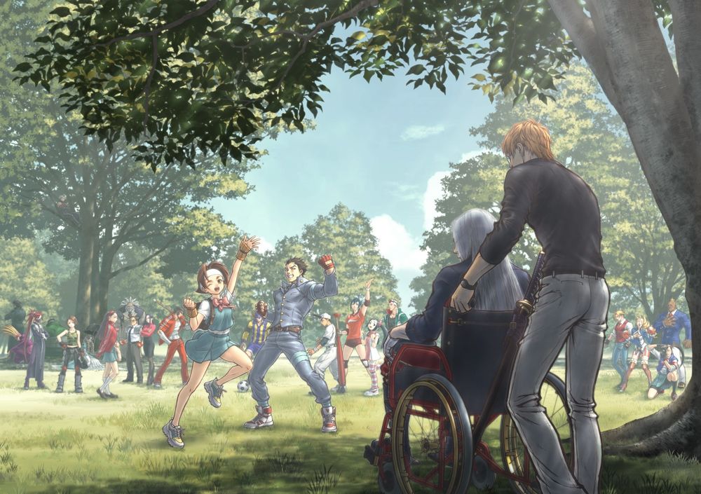 New Rival Schools art featuring all of the characters. Kyosuke is in the foreground, pushing his brother Hyo's wheelchair.