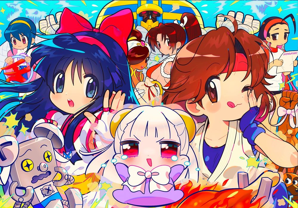A cute drawing of Nakoruru, Yuri, and some of the other girls and Anakaris (from Darkstalkers), with an infant sized Ingrid leaping into the foreground