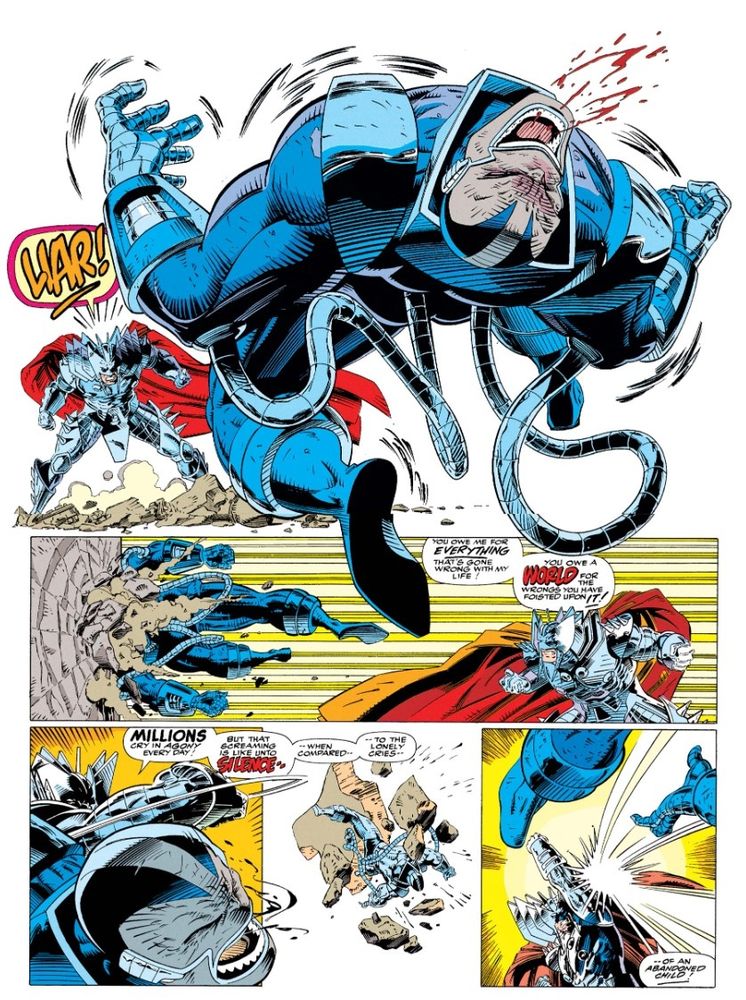 Stryfe punching out Apocalypse while shouting "MILLIONS cry in agony every day! But that screaming is like unto silence--when compared--to the lonely cries--of an abandoned child!"