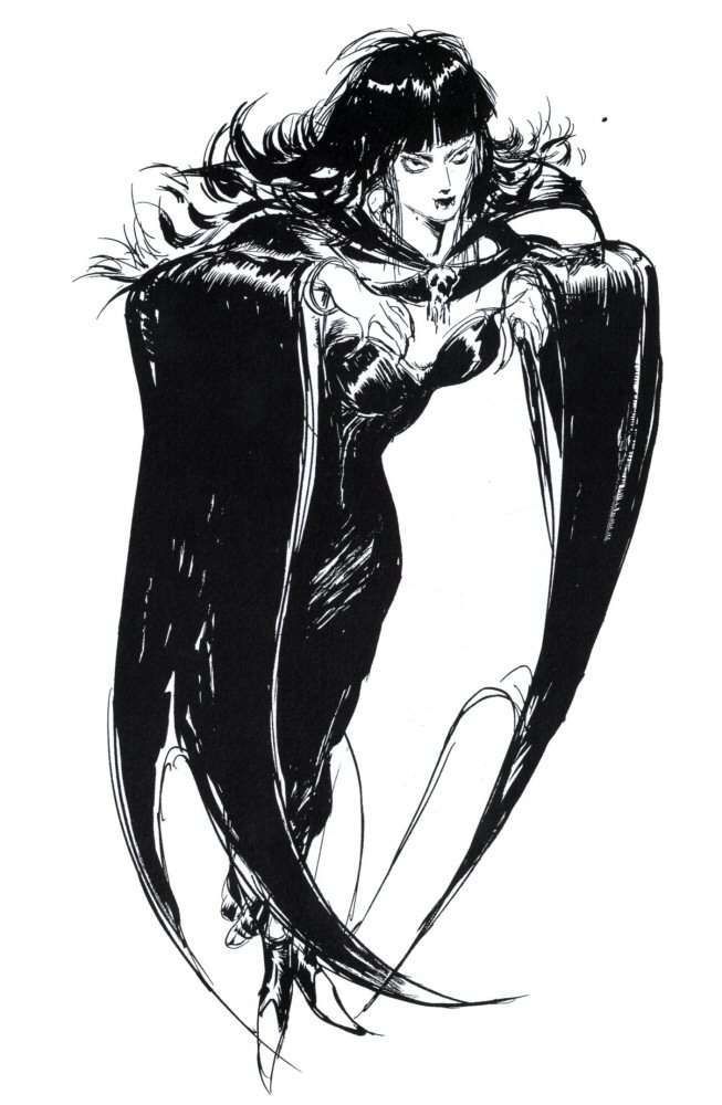 A floating vampire girl with long black hair and flowing sleeves that fall like bat wings.