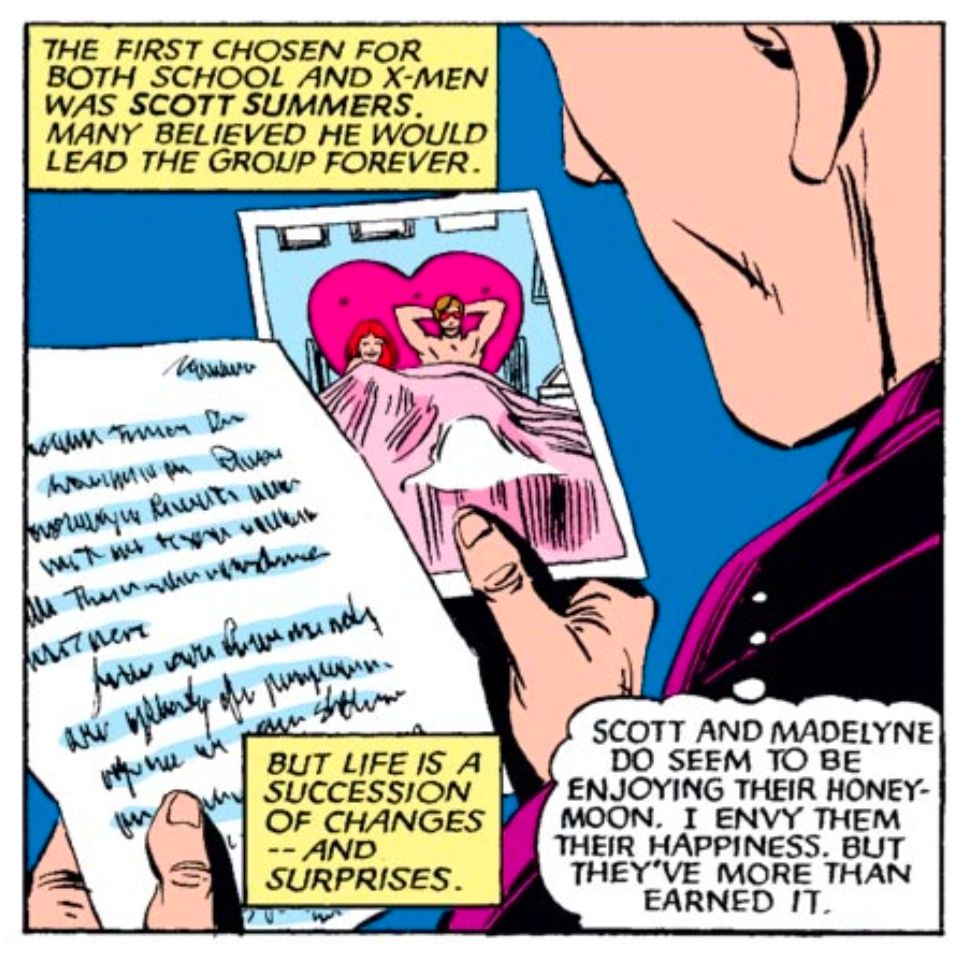 Professor X holding up a photo of Scott Summers and Madelyne Pryor in a heart shaped honeymoon suite bed.