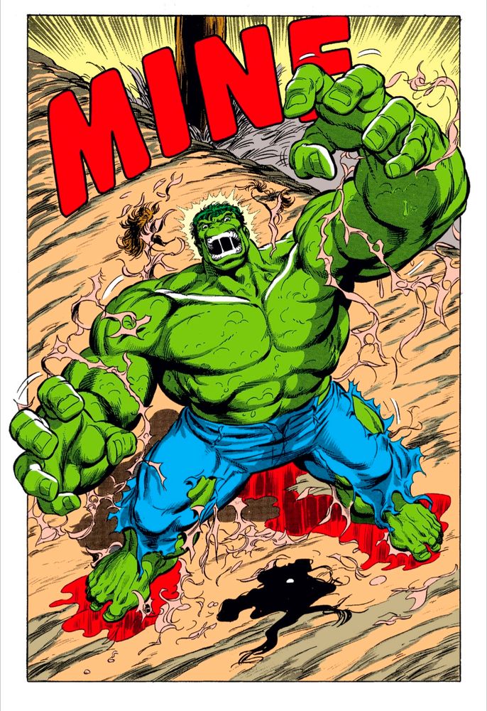 Hulk fully transformed. Blood, hair, and bits of flesh scatter around him.