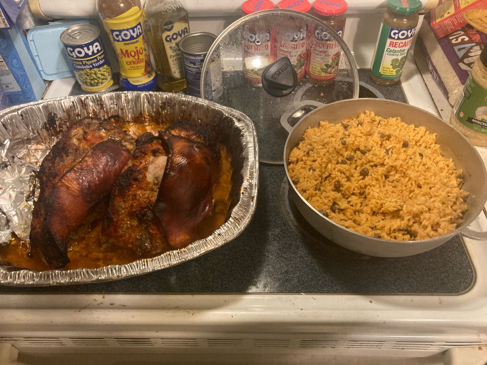 Photo of pork roast and rice with pigeon peas.