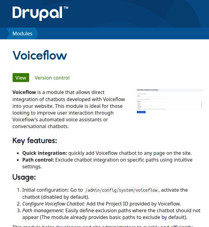 Screenshot of the Voiceflow Drupal module.