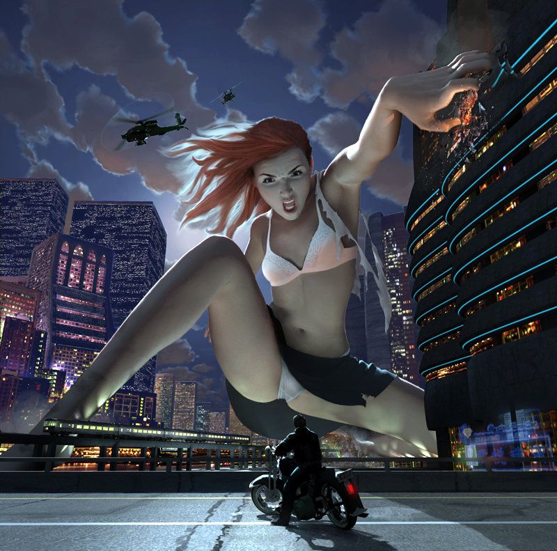 A giant, redheaded woman wearing nothing but a bra, a torn black miniskirt and white panties grabs a building with her left hand, throwing orange embers to the ground. Two military helicopters fly behind her as she straddles a subway line. Her gaze is fixed on a figure in the foreground, a man in silhouette sitting on a motorbike. She looks furious.