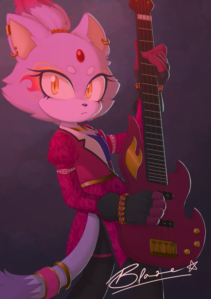 Blaze the Cat in her Bassist outfit, holding a bass guitar with her back turned to the camera and her head facing the camera. Her signature is on the bottom right