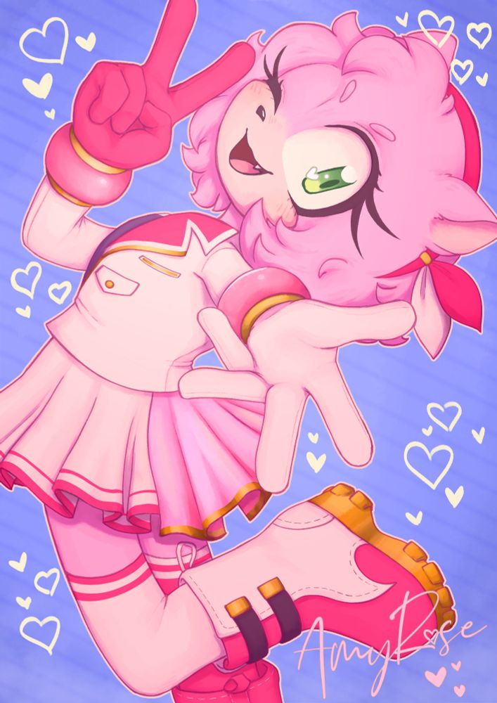 Drawing of Amy Rose from Sonic the Hedgehog in her Pop Idol Uniform. Doing an Idol pose. Her signature is in the bottom right corner