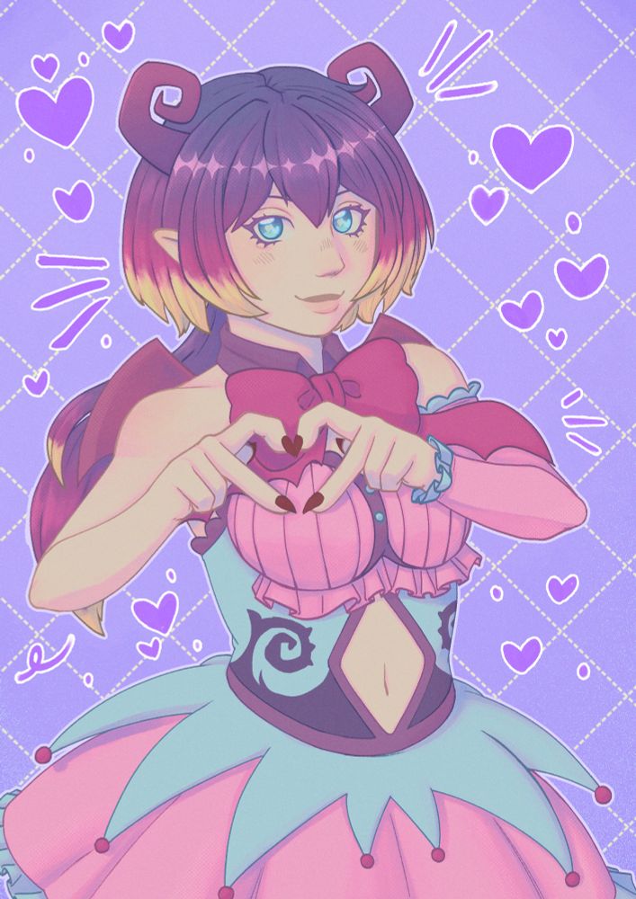 Kuromu, from the anime Mairimashita! Iruma-Kun, doing a heart hand gesture over her chest. She is,wearing a pink and blue sleeveless dress with a collar neck and bow, her top has ruffles and a purple,lining, along with a stomach cut out shaped like a diamond.  Her skirt has a second spikey layer with small pink balls at the end of the spikes. Her hair is done into a ponytail.