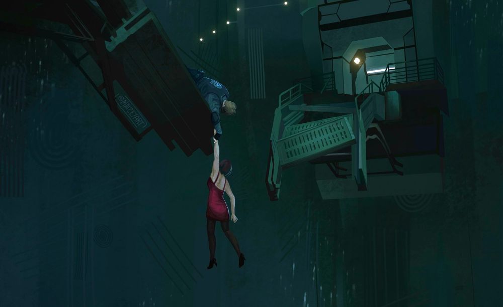 fanart of main character leon kennedy holding ada wong’s hand to stop her from falling off of a bridge