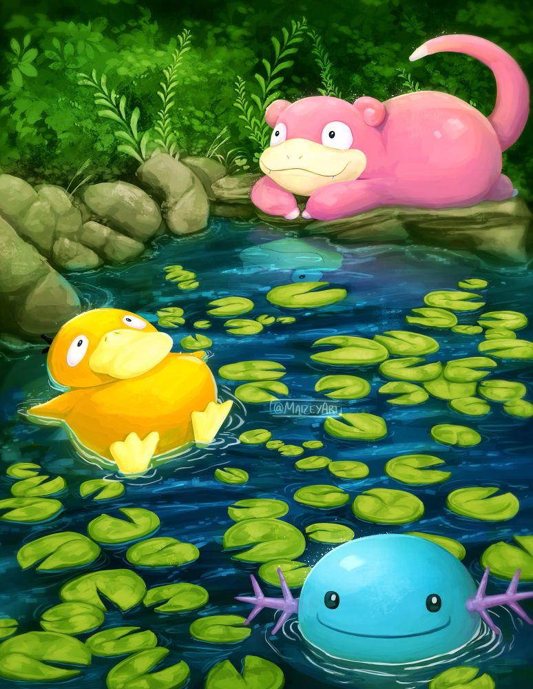 wooper, psyduck, and slowpoke, surrounding and playing in a pond full of lily pads :3
