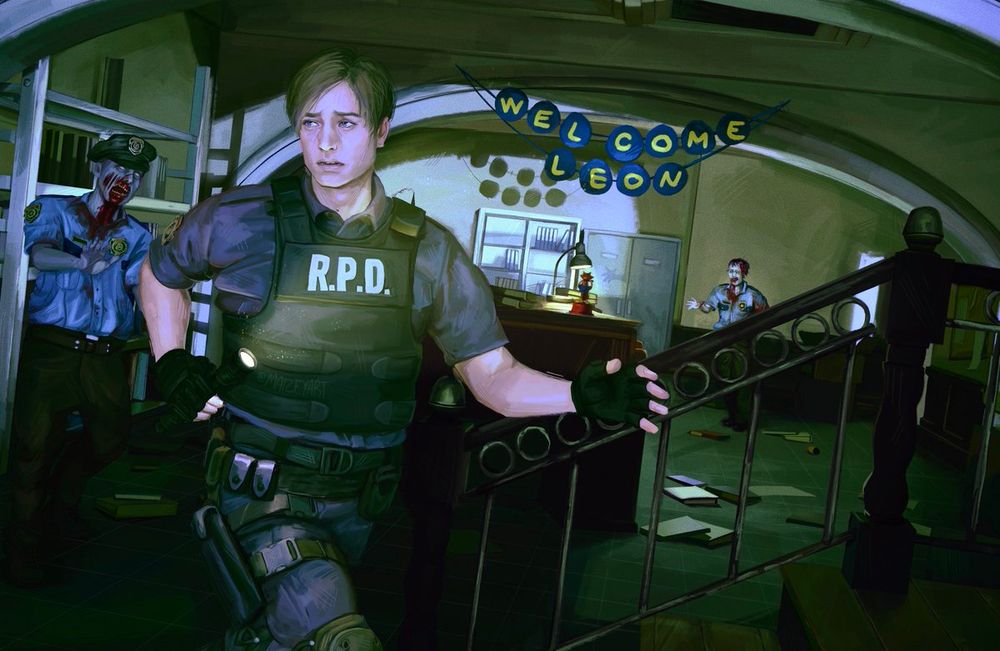 fanart of resident evil 2’s leon kennedy running from a zombie 