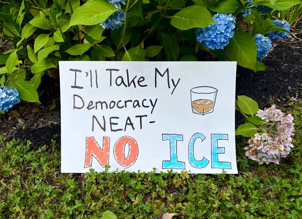 A protest sign that reads “I’ll take my democracy neat: NO ICE.”