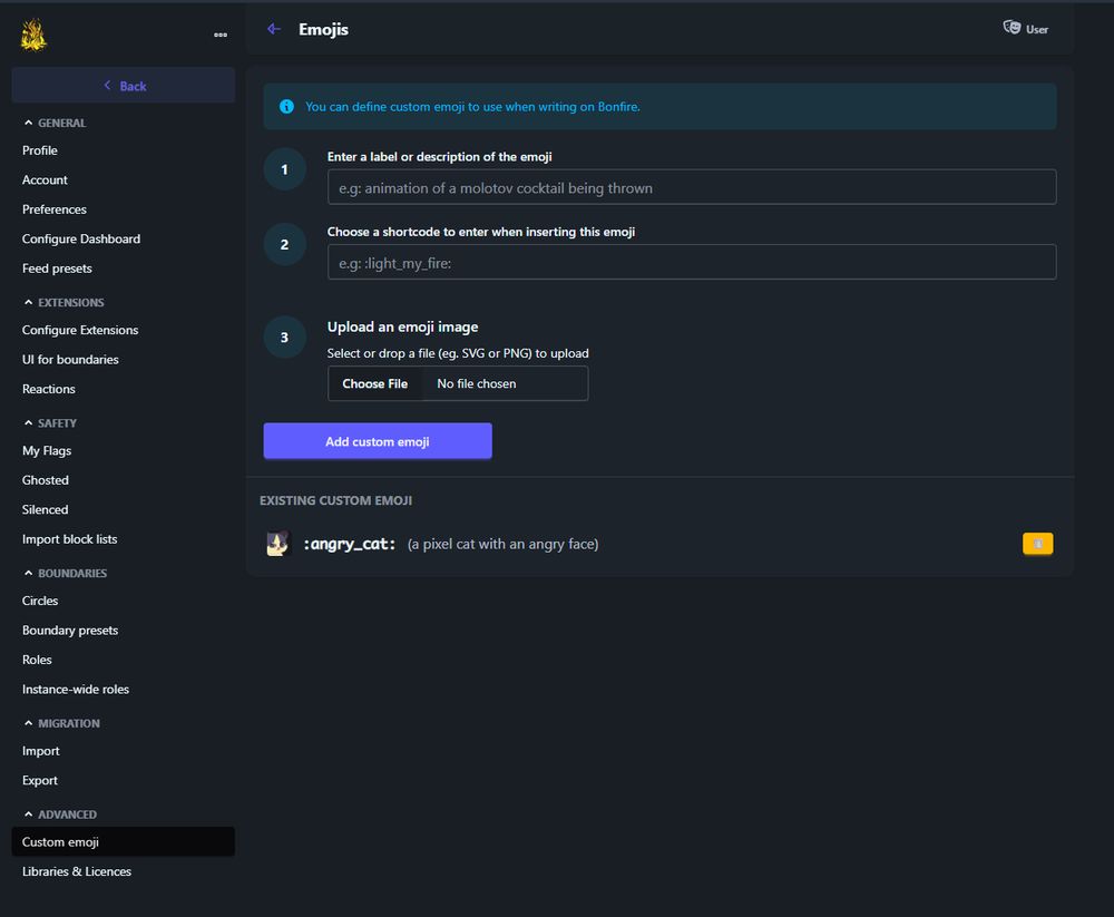 The image shows a user interface for adding custom emojis, including fields for labeling the emoji, choosing a shortcut, and uploading an image. There is also a section displaying existing custom emojis.