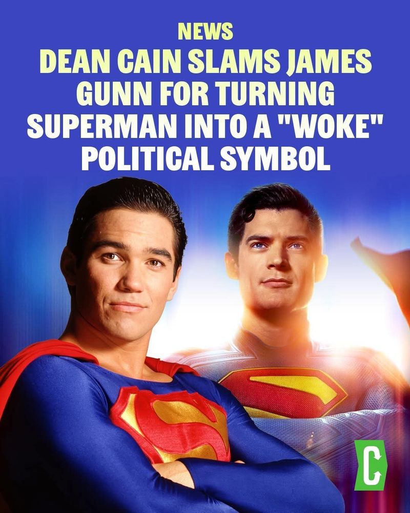 Poster of the Dean Cain and new version of Superman with the text reading Dean Cain slams James Gunn for turning Superman into a woke political symbol... Which is absolutely stupid.