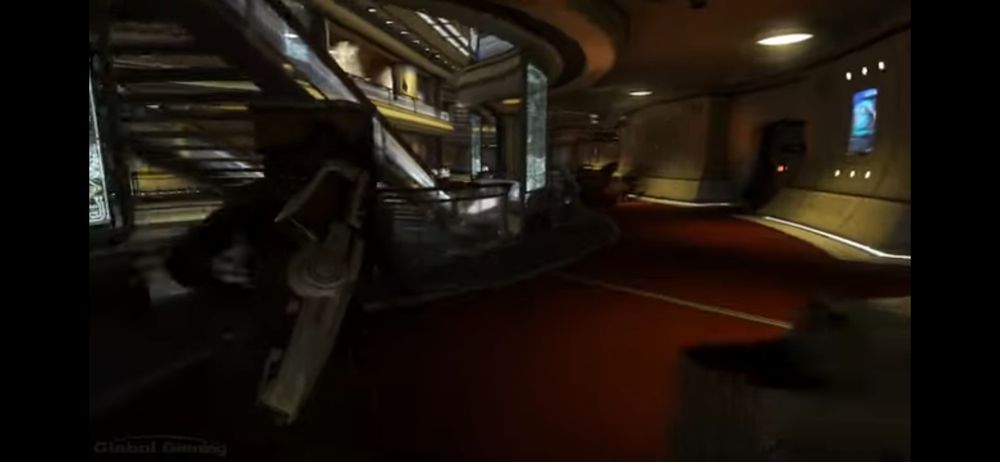 Interior of the atrium area at the top of the saucer as shown in the 2013 game. Big ostentatious conference center style staircase and levels.