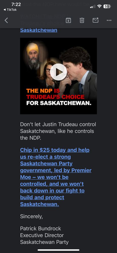 Don't let Justin Trudeau control Saskatchewan, like he controls the NDP.
Chip in $25 today and help us re-elect a strong Saskatchewan Party
government, led by Premier Moe - we won't be
controlled, and we won't back down in our fight to build and protect Saskatchewan.
Sincerely,
Patrick Bundrock
Executive Director
Saskatchewan Party