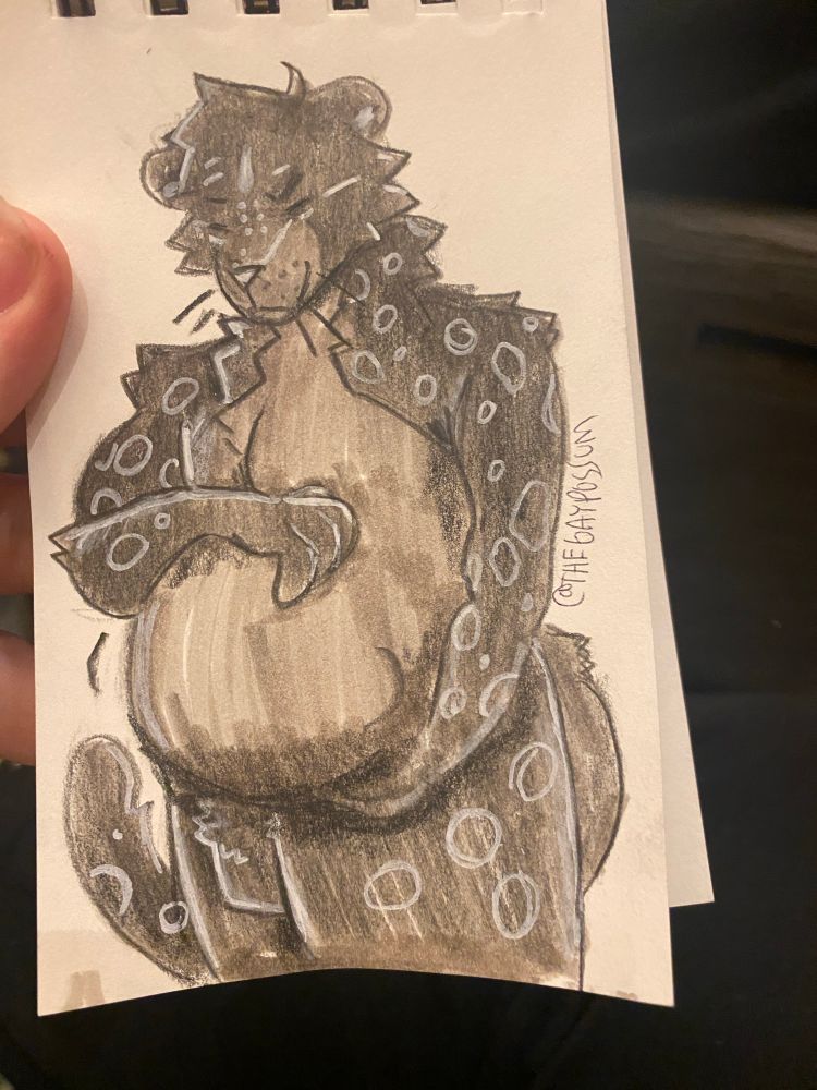 Traditional pencil and marker sketch of a black and white anthro snow leopard clutching their belly affectionately.