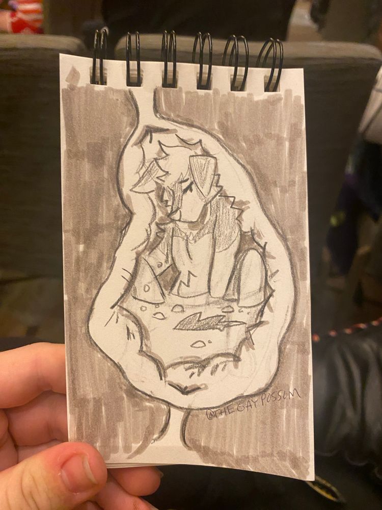 Traditional pencil and marker sketch of an internal view of an anthro canine sitting within the snow leopard’s stomach surrounded and acid. They have a solemn expression, implying they have no way of getting out.
