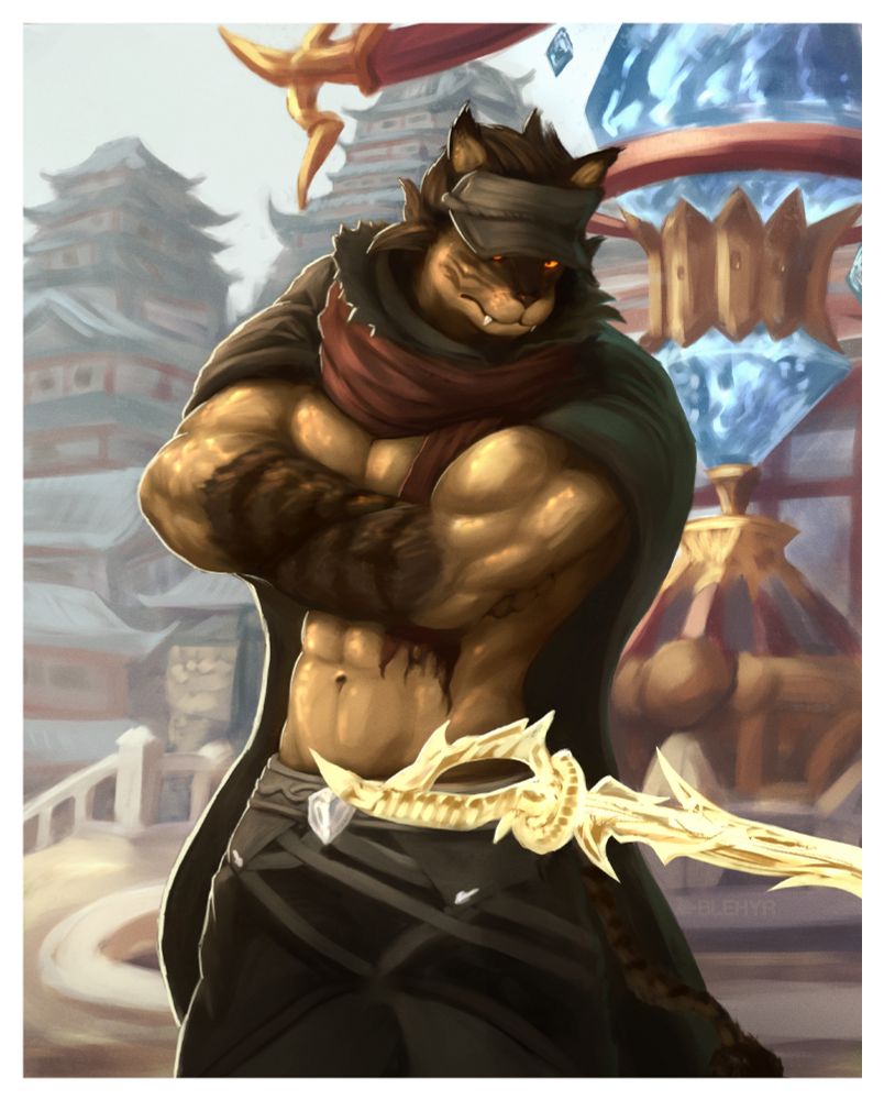 Painting of my hrothgar wearing a cloak, standing in front of the Kugane aetheryte with his arms crossed #furryart