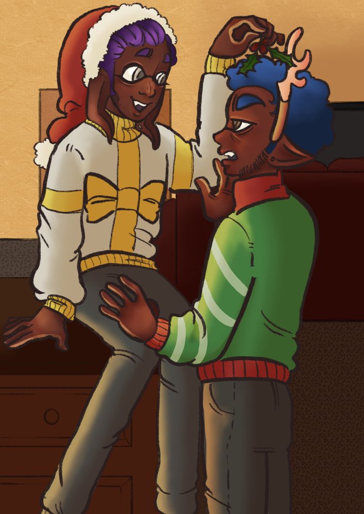 Two inklings (Purple one = Sashimi, blue one = Salt) together in their apartment. Sashimi is holding a mistletoe above their head next to Salt. Salt seems only slightly annoyed!