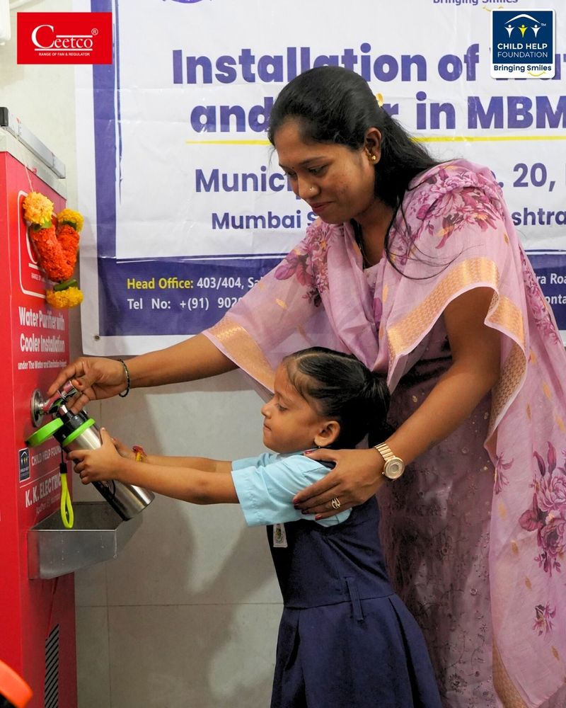 Child Help Foundation installs a water cooler and filter at MBMC School No. 20, Mumbai, ensuring students have access to clean and safe drinking water.