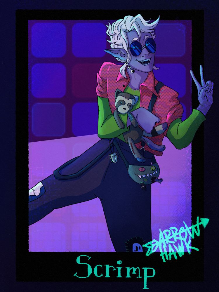 A tall, white haired, drow stands off balance in frame, they're holding a patchwork plush raccoon close to their chest with their right arm and throwing up a peace sign with their left. He is wearing blue tinted sunglasses. They're wearing earrings made of three googly eyes. He has a short sleeved magenta button up over a lime green long sleeved shirt, tucked into dark purple pants with patches on the knees. The patch on the left knee looks like a small blushing ghost and the patch on the right knee looks like two bones connecting. They have a beetle shaped carabiner hanging from one of their belt loops, and a home-made fanny pack that has large button eyes and the zippered pouch has been sewn to look like it has teeth, little plush feet have been stitched on to the bottom. The plush raccoon looks like it has been mended many times, it's eyes are two different colored buttons, and its tail and body have multiple patches and mended tears. On the bottom of the frame is written "Scrimp"