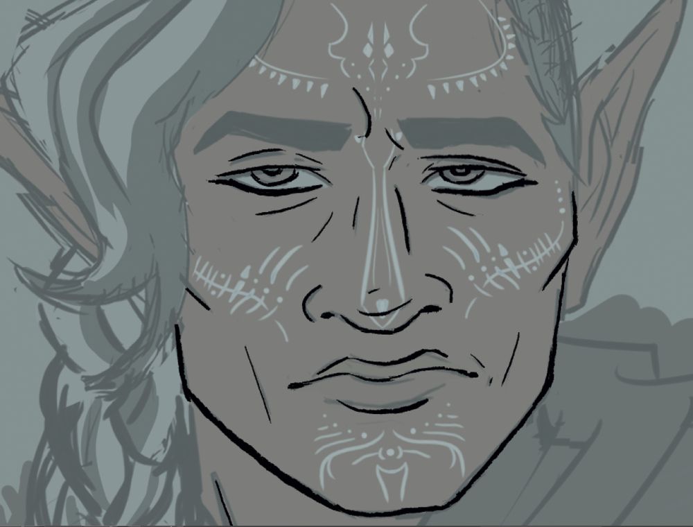 A close up of partially finished line art over a sketch of a man with a strong nose and half lidded disdainful eyes.