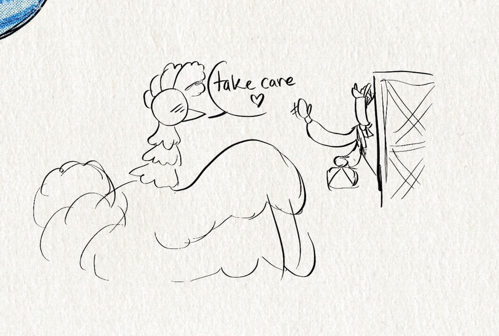 Poppy's speech bubble reads:
"take care!" with a heart underneath.