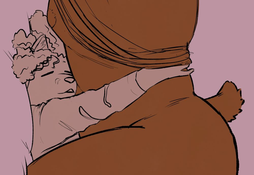 Kari the fox and Benny the brown bear, cuddling. Kari has a blissful expression as he hugs Benny's belly.