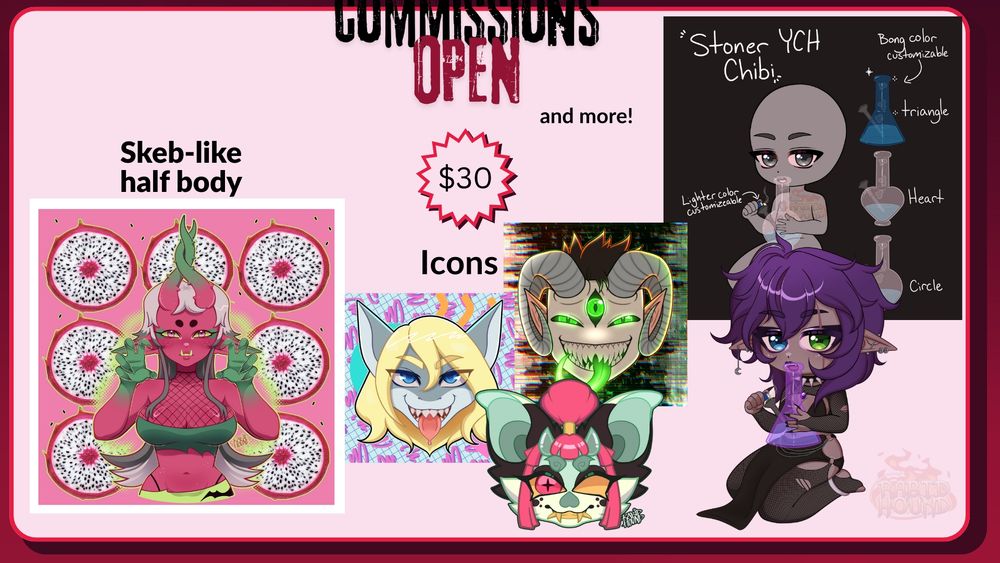a showcase for Rabid's commissions with various examples like Skeb-like half body illustrations, icons and a stoner YCH chibi holding a bong