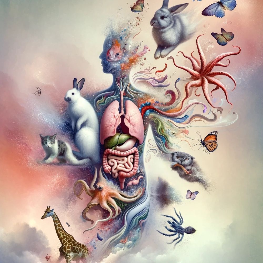 Surreal illustration of the insides of a human body with lots of animals bursting out of it.