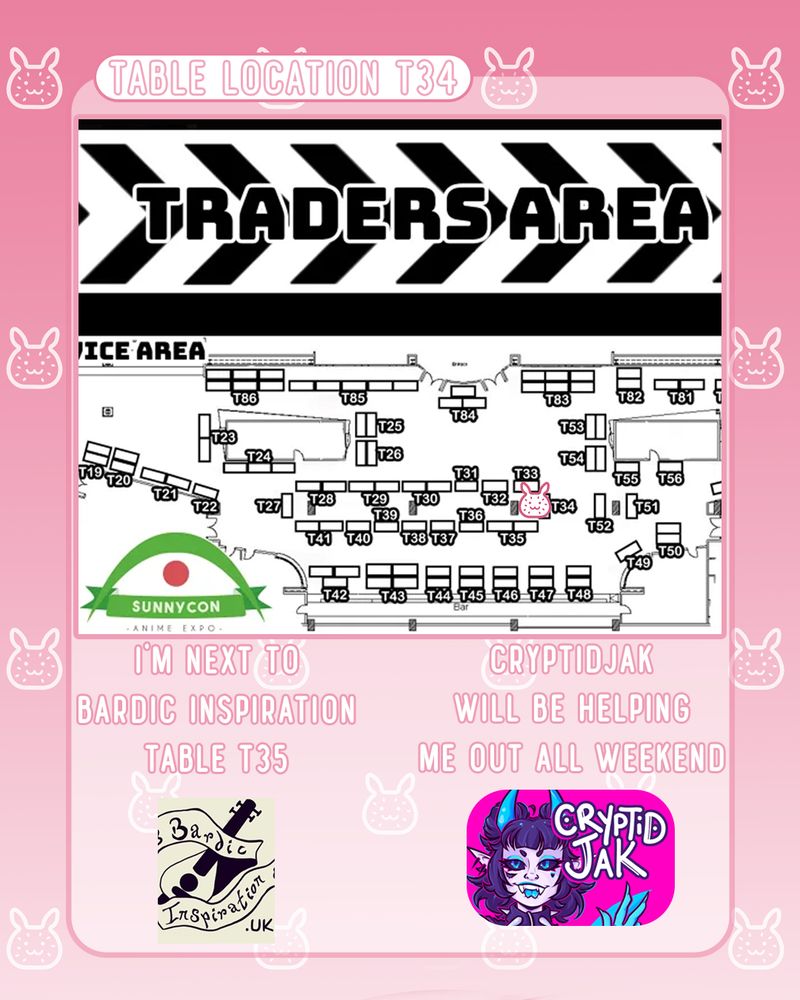 Info graphic showing that the seller Seabunny studios will be attending Sunnycon expo in Nottingham 27th to the 29th of June in Nottingham. The page shows their table location at T34 in the Traders Area.