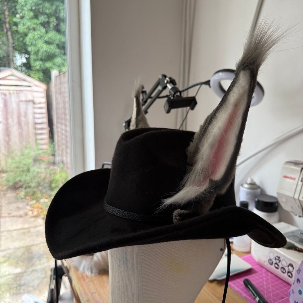 A black cowboy hat with grey, long tipped canine ears poking out the top, side view 