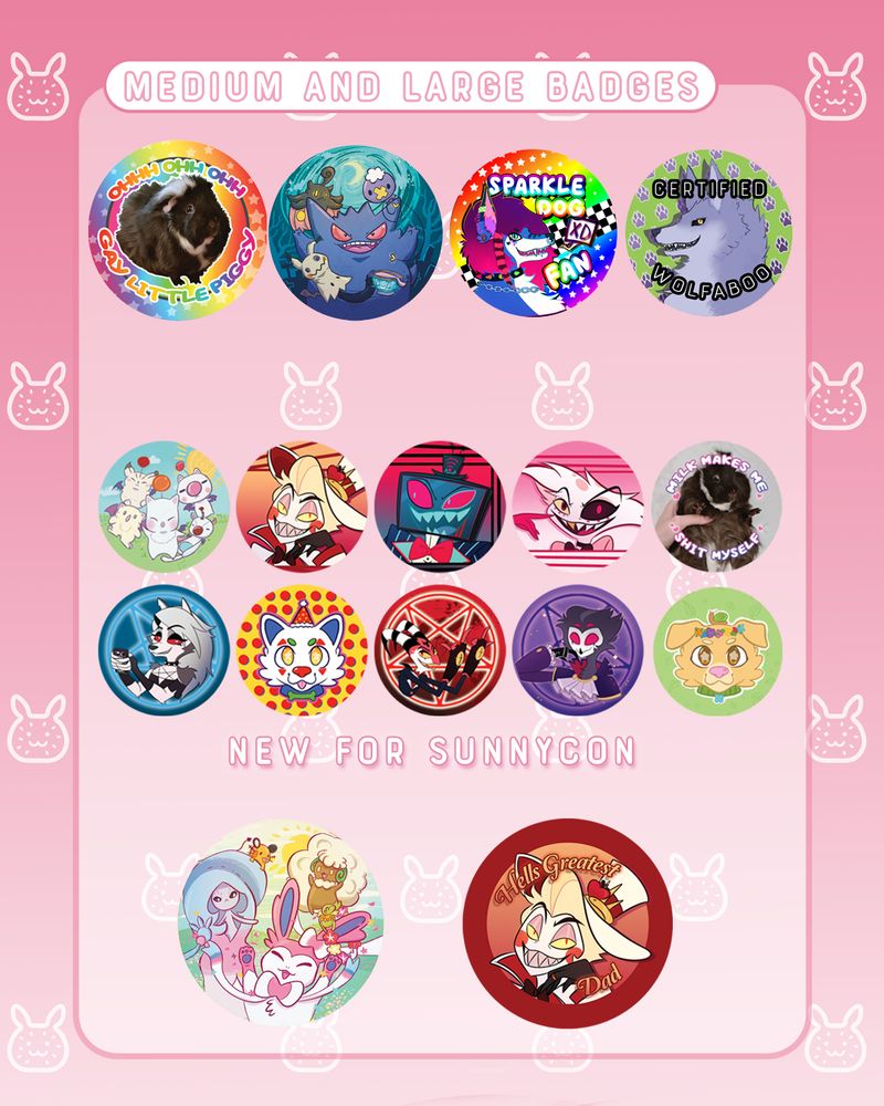 Info graphic showing that the seller Seabunny studios will be attending Sunnycon expo in Nottingham 27th to the 29th of June in Nottingham. The page shows an assortment of badges on sale