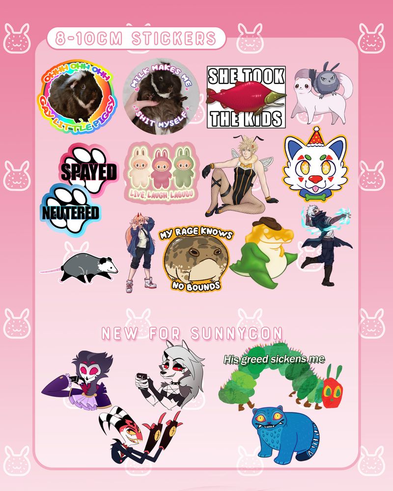Info graphic showing that the seller Seabunny studios will be attending Sunnycon expo in Nottingham 27th to the 29th of June in Nottingham. The page shows an assortment of stickers on sale,