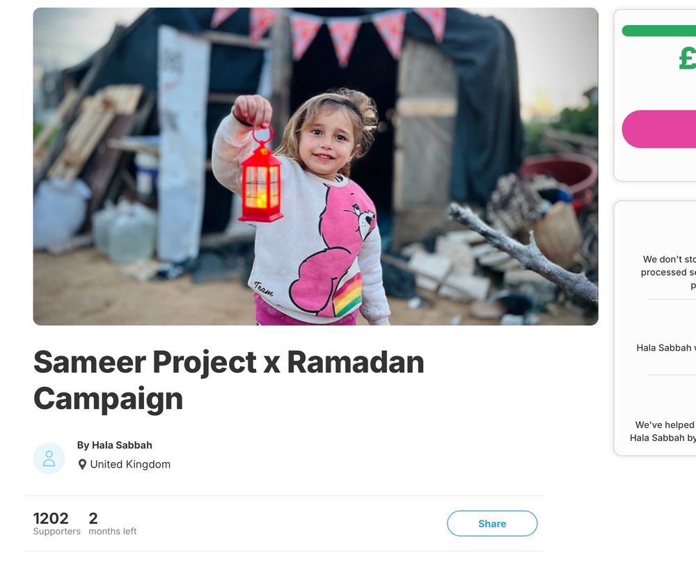 Saneer Project X Ramadan Campagin
by Hala Sabbah
UK
1202 suporters 2 months left
photo of small smiling girl with lamp, wearing carebears sweatshirt and pink sweatpants. in front of tent