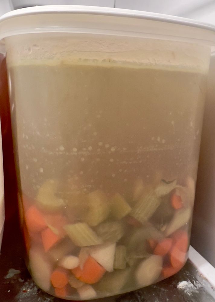A big Rubbermaid full of golden chicken soup, with carrots, celery, and parsnips at the bottom.