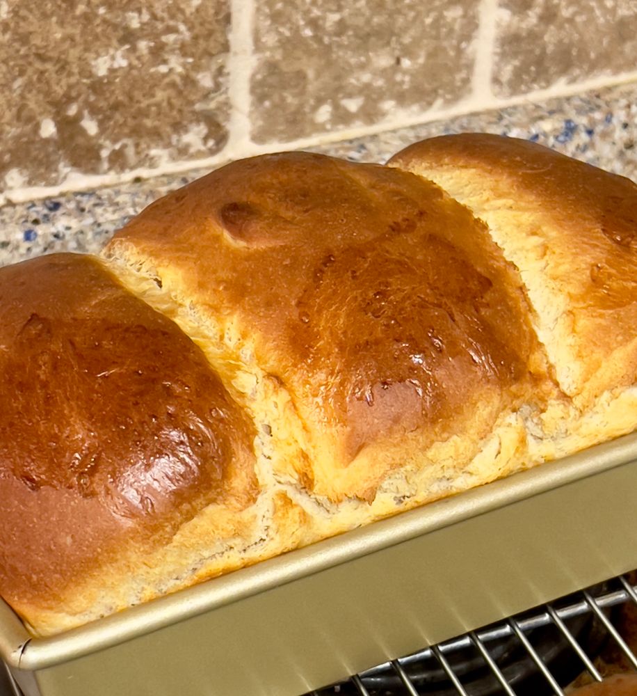 A bouncy, beautiful loaf of bread cooling in a gold loaf pan. It's brown and gold and nicely egg-washed.