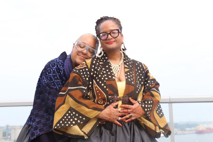 Syrus and Theo hug, in mascots shirts made by Theo and skirts by deseiye! 