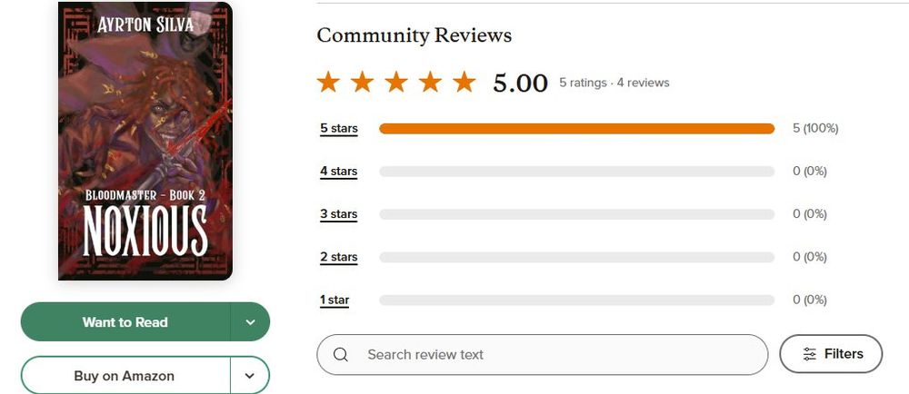 Screenshot of Noxious's page on goodreads, showing a 5.0 average out of 5 ratings