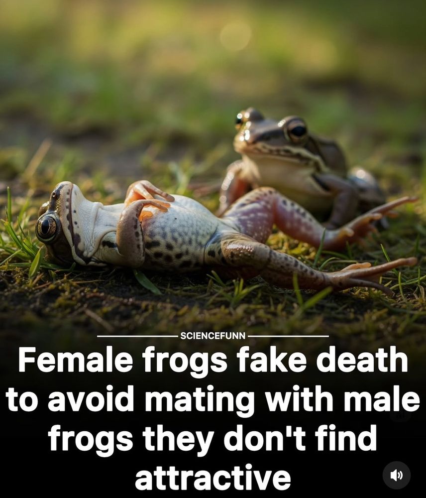 En bild på en groda som ligger på rygg i gräset. Det står Female frogs fake death to avoid mating with male frogs they don't find attractive. 