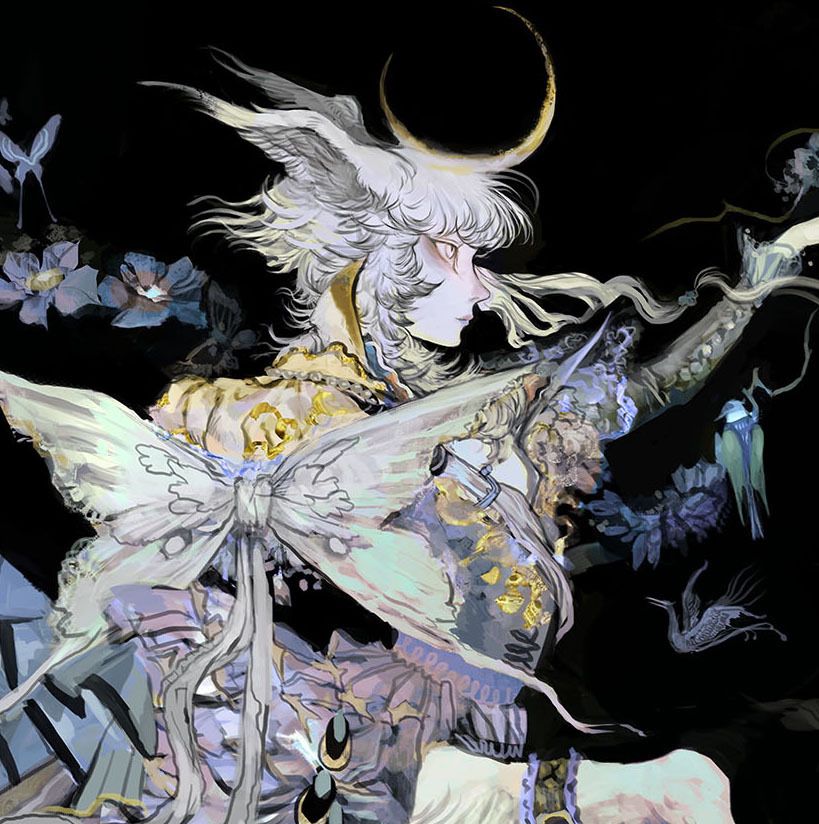 Illustration depicting details of Atticus an oc belonging to tsuwabuki. The character has a crescent shaped horn and there is a large moth-like bow tied where their missing arm is. 