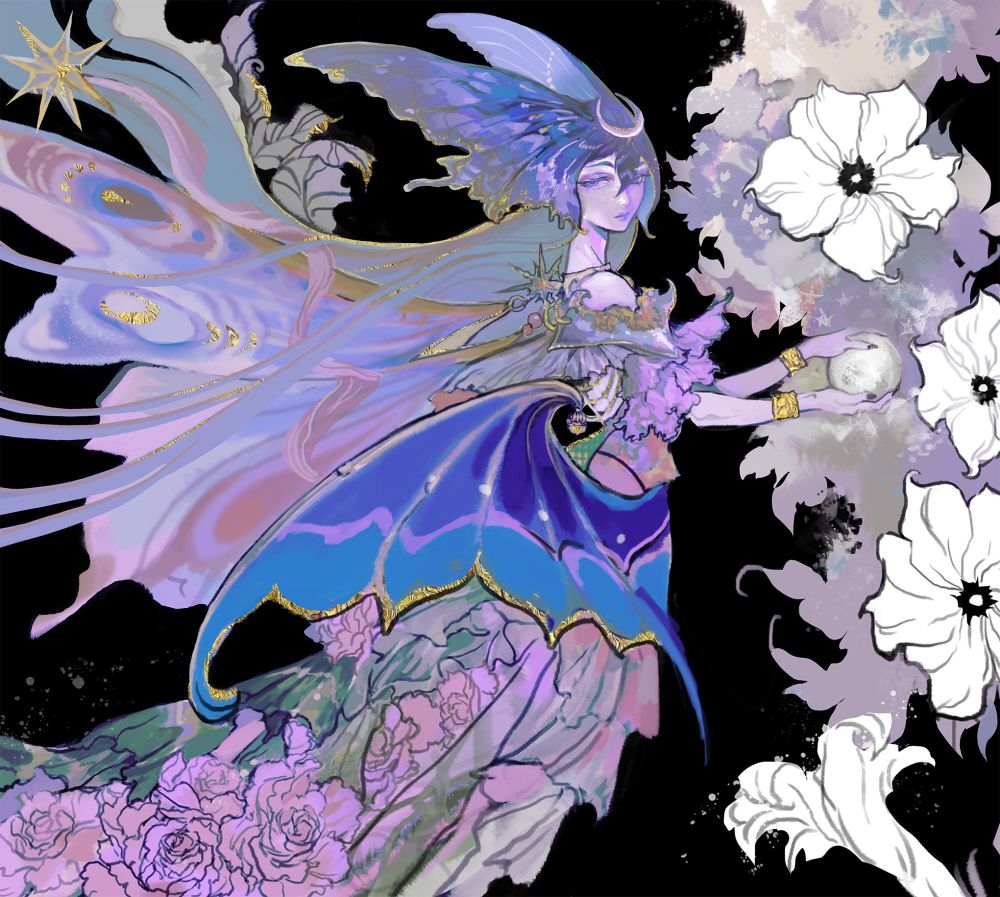 Illustration of a fairy with butterfly wings for hair and a gown made of flowers