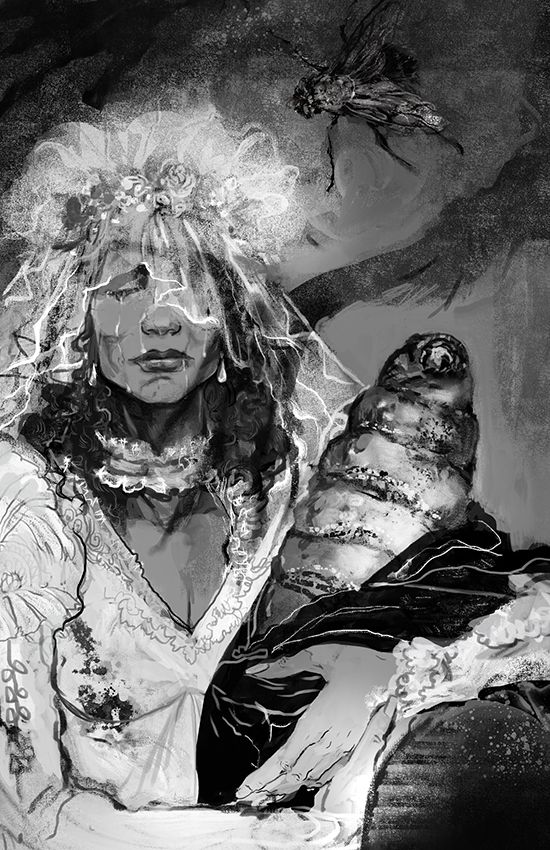 Veronica in a wedding dress woefully holding her child aloft — a horrific infant-sized maggot. Cast across her throat is the long shadow of her lover’s insect-like arm. Fanart for “The Fly” done for “Murdered Futures” zine. 