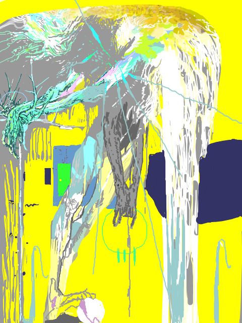An illustration of a spirit spliced with color that’s wings form its identity. One wing is the colors of the atmosphere. The first pair of glassy arms rest upon a blade that’s hilt is throned to wield. The other steely arms dangle a thin ring of strange keys the same shape as a door panel opened behind it. 