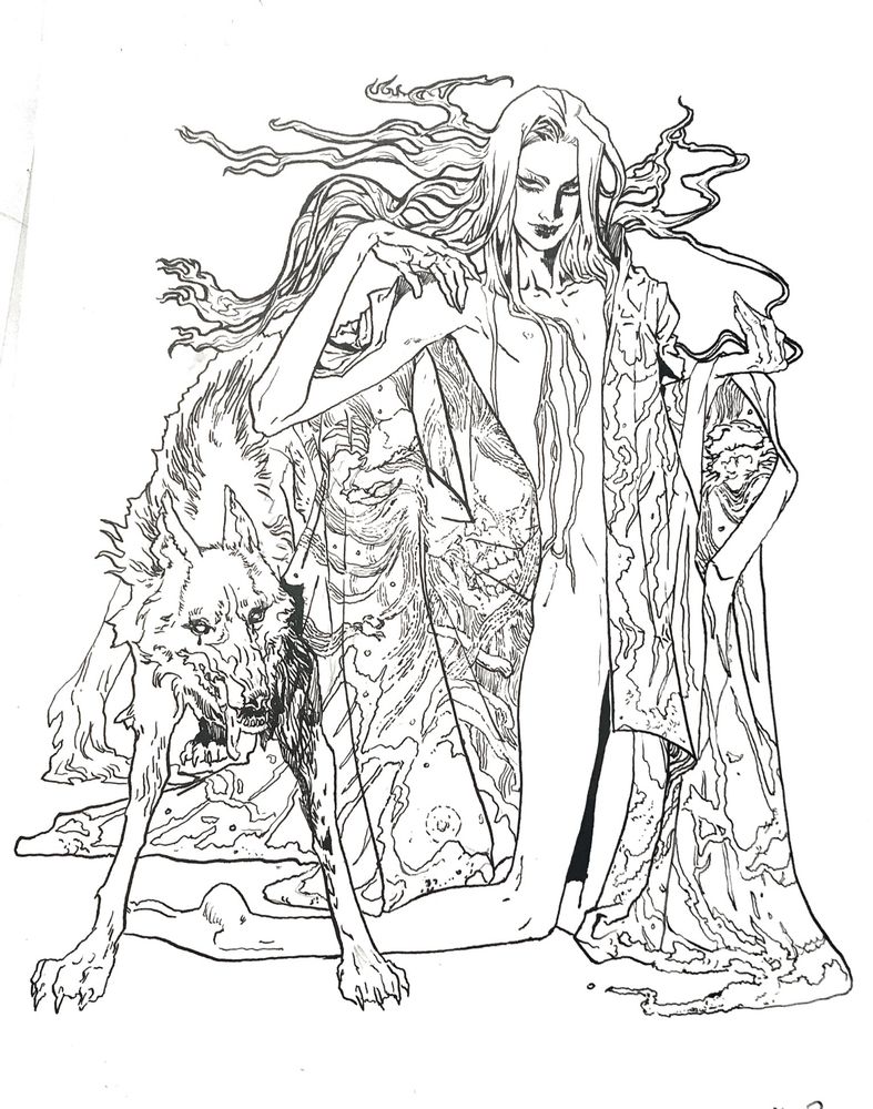 An androgynous person nude aside being clothed in a kimono depicting a corpse on the surf. A wolf is at their side.