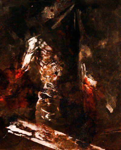 Abstract painting of pyramid head from silent hill 2.