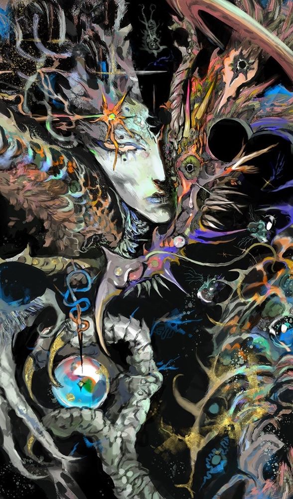 Psychedelic image of a dragon merging with a humanoid or visa versa